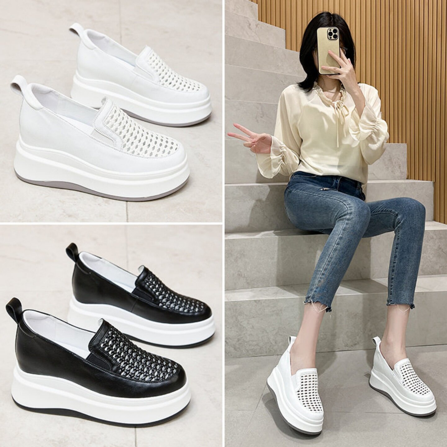 内增高镂空小白鞋女款2026夏新款一脚蹬厚底洞洞鞋透气懒人乐福鞋