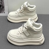 真皮增高厚底松糕加绒棉鞋 欧货魔术贴高帮鞋 小白鞋 新款 女2026春季