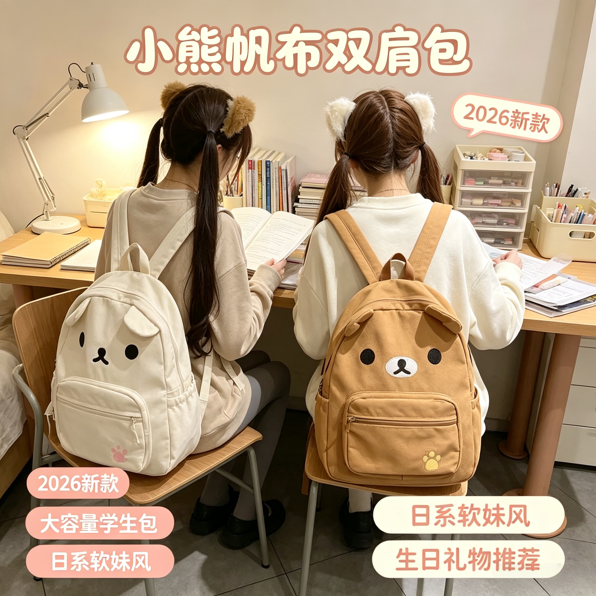 日系卡通背包可爱帆布棕色小熊百搭奶白学生软妹双肩包书包轻松熊