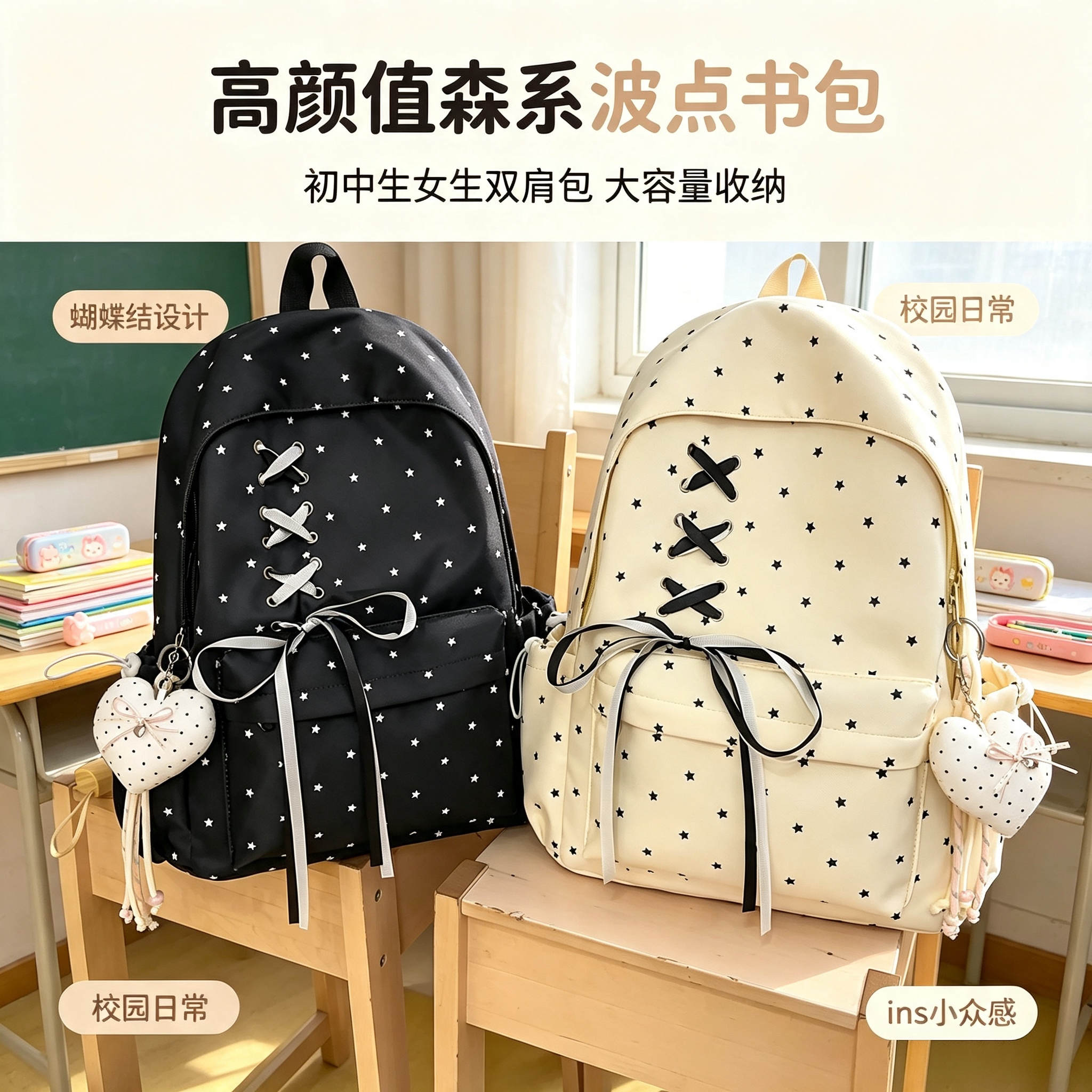 可爱蝴蝶结书包女ins小众初高中生森系百搭大学高颜值女孩双肩包