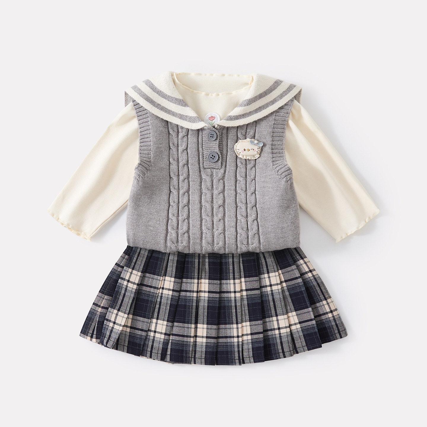 婴幼儿秋季简约打底衫海军领毛衣马甲女宝宝韩版格子百褶裙三件套