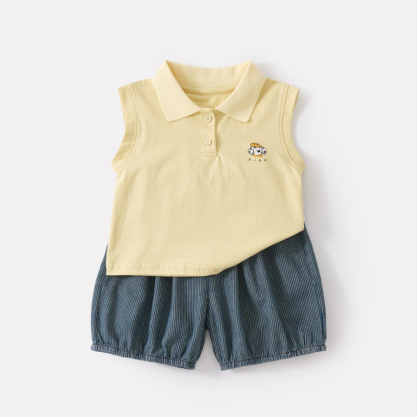 夏季新款婴幼儿韩系可爱卡通背心POLO衫女宝宝休闲条纹短裤两件套