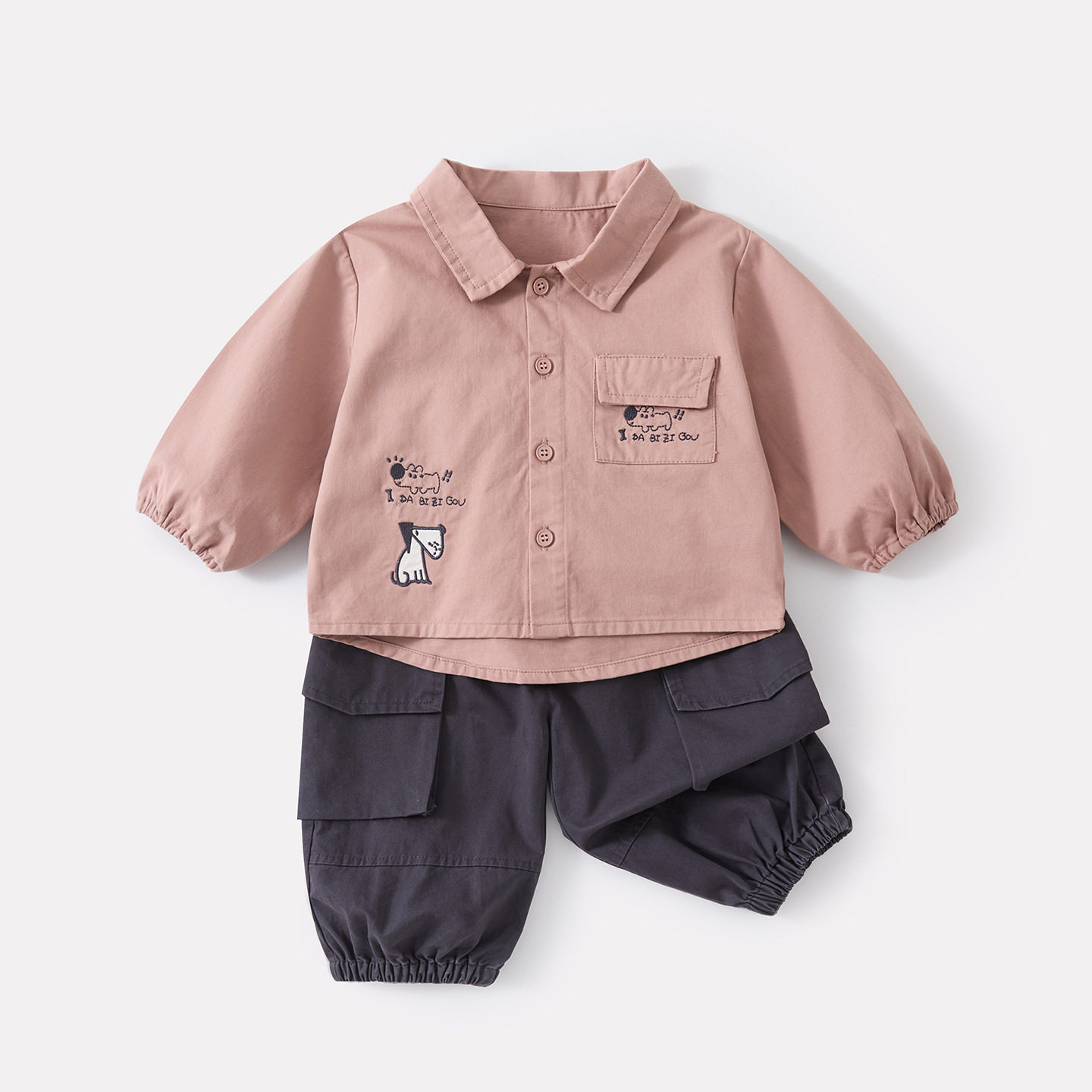婴幼儿韩版卡通刺绣翻领衬衣男宝宝秋季新款休闲工装棉布裤两件套