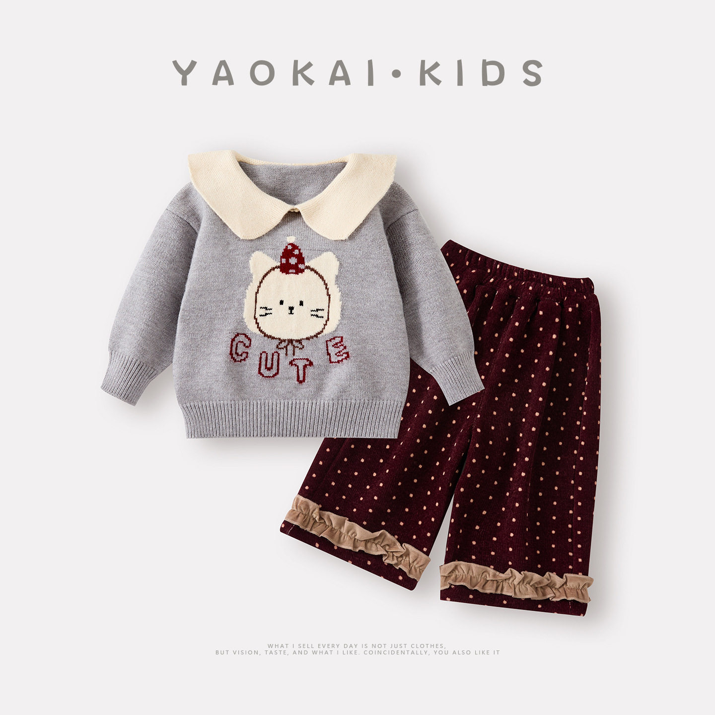 2025冬季新款婴幼儿卡通加绒加厚毛衣套装女宝针织衫波点裤两件套