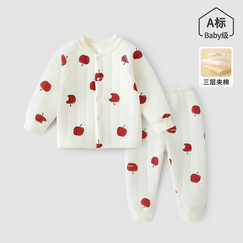 婴儿夹棉分体套装秋冬季无骨对开按扣保暖秋衣秋裤男女宝宝两件套