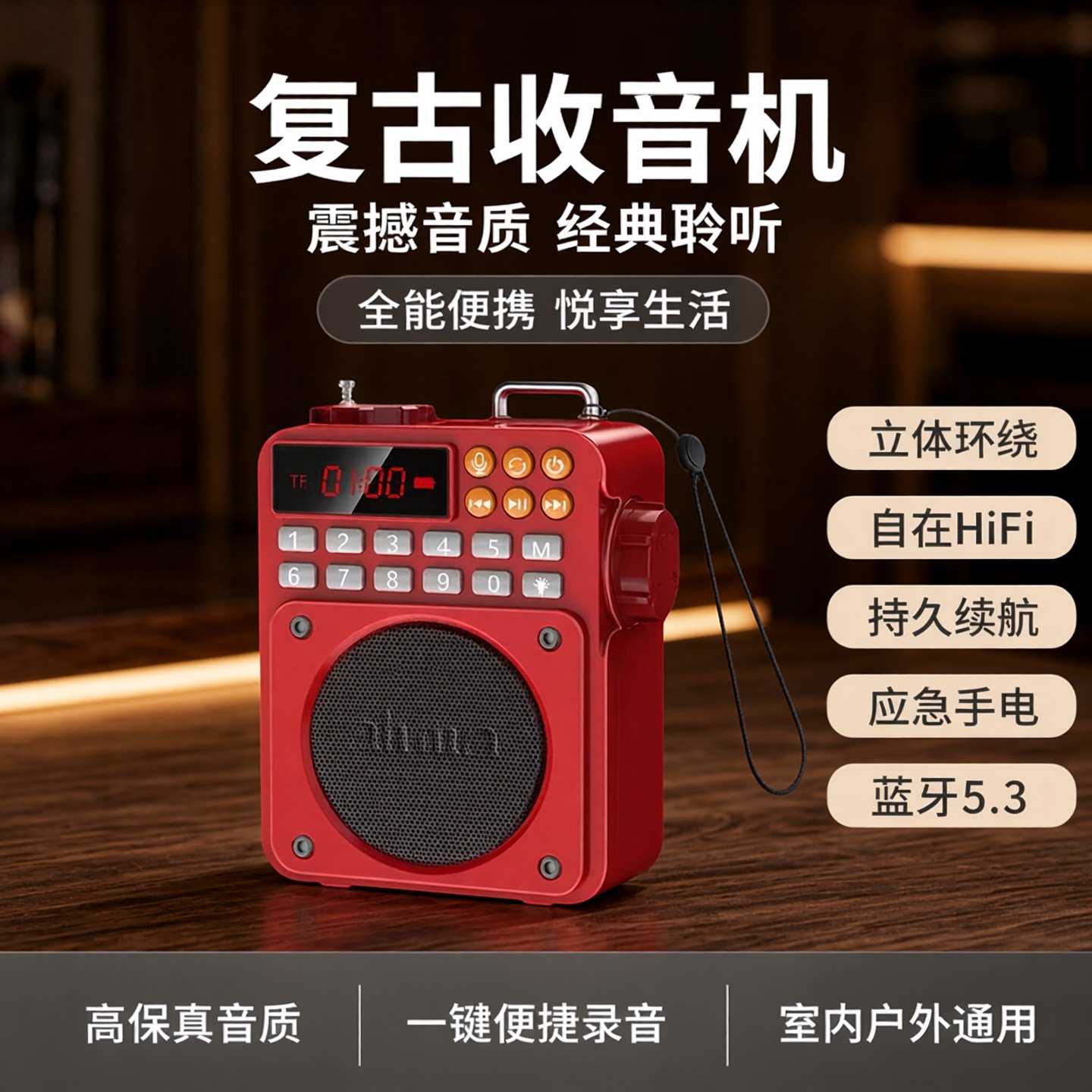 爱华666调频FM收音机插卡蓝牙音箱一键录音带应急手电老人听戏机