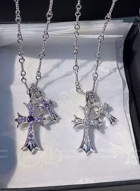 2025新色紫色粉色水钻十字架项链