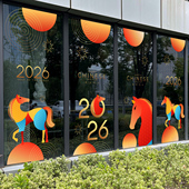 马年新春艺术创意拼图画风装 饰新年静电玻璃贴幕墙门贴布置窗贴纸