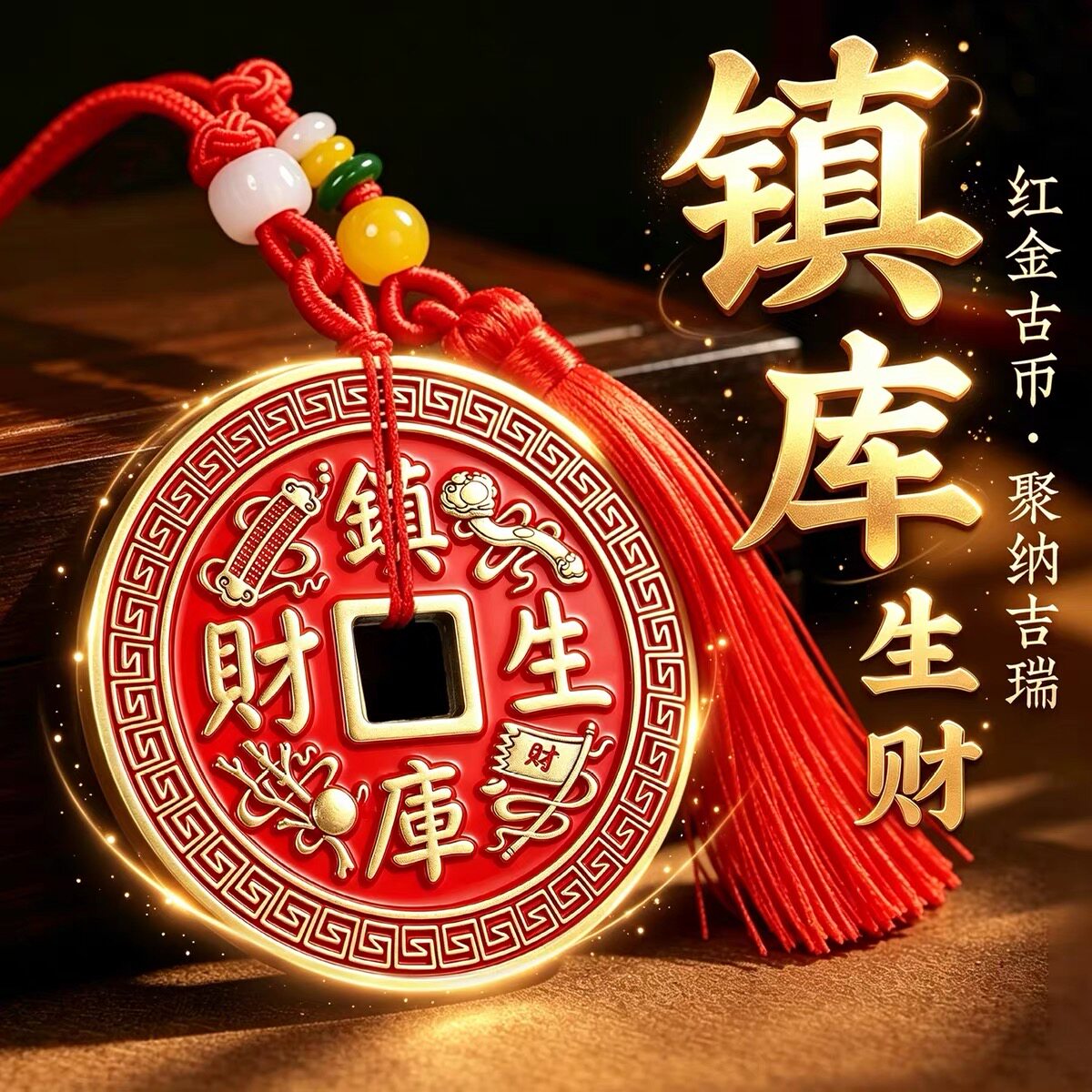 纯黄铜朱砂镇库母钱汽车钥匙扣挂件铜钱八宝招发财聚财创意男随身