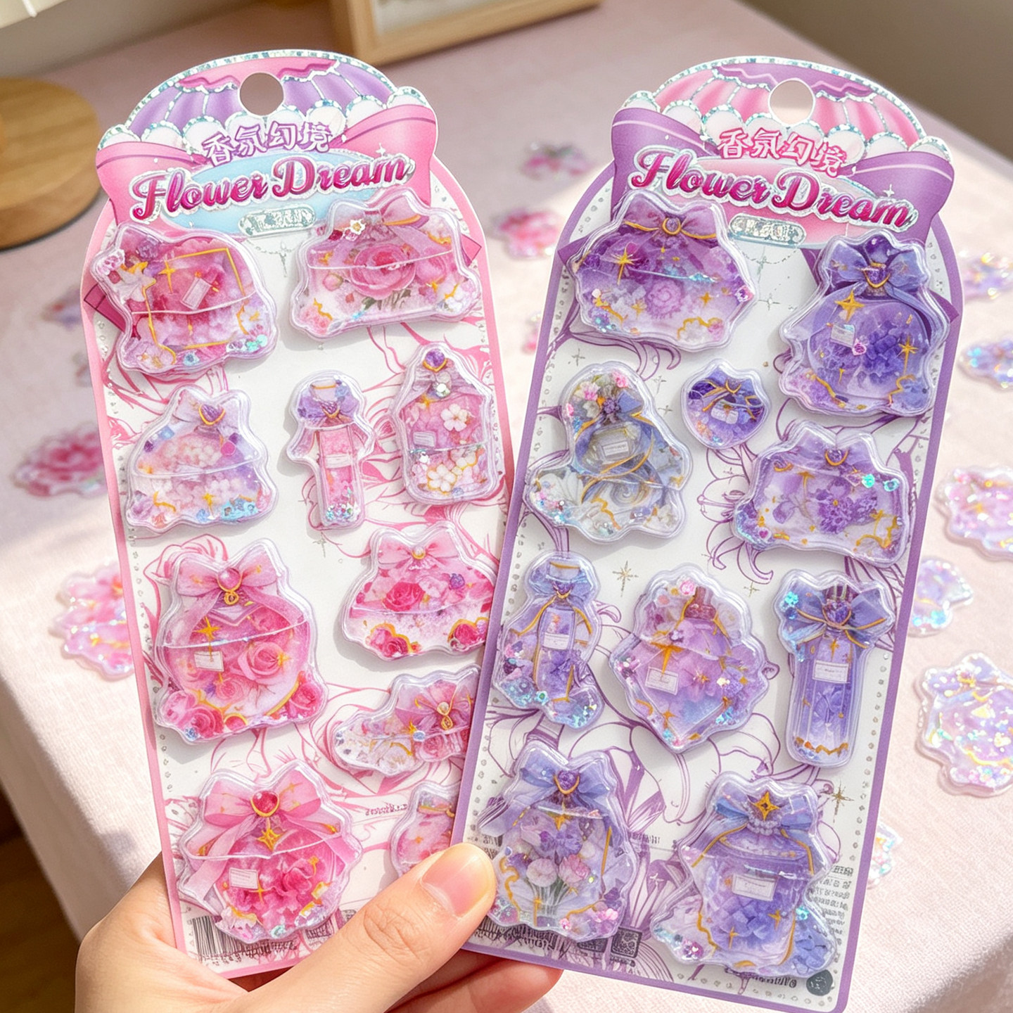 花朵香氛幻境带水摇摇贴纸儿童女孩手机壳装饰3d立体水晶流沙贴画