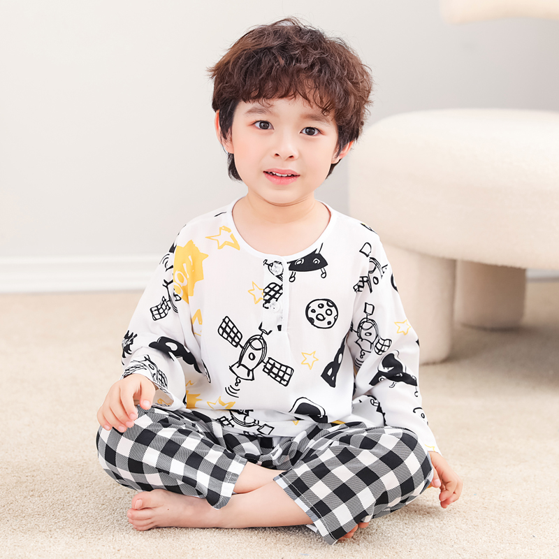 全纯棉时代夏季儿童棉绸睡衣男童男孩长袖绵绸女童宝宝空调服薄款