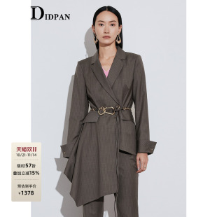 中长外套女 显瘦条纹极简西装 IDPAN女士设计感X版 型不对称下摆修身