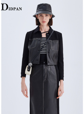 IDPAN女装皮衣春季干练通勤个性百搭气质拼接黑色短款外套女