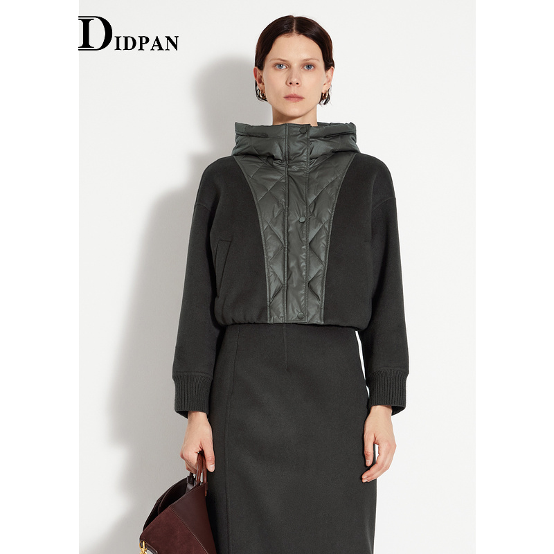 IDPAN女装冬季新款气质百搭休闲连帽个性拼接羽绒毛呢外套
