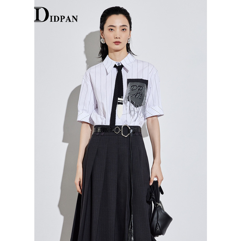 IDPAN夏季新款设计感流苏胸袋衬衫翻领条纹短袖通勤上衣