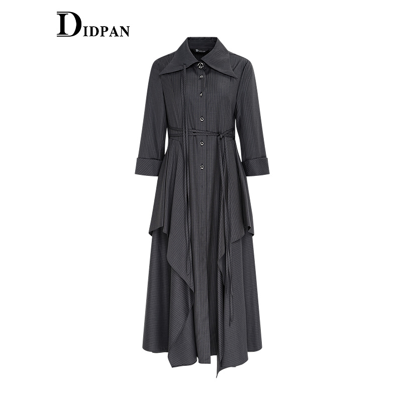 IDPAN短袖连衣裙夏季新款时尚通勤设计感荷叶边造型条纹裙子