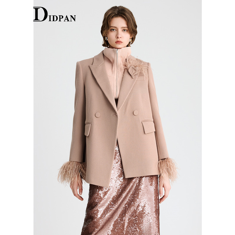 IDPAN西装外套25冬时尚精致通勤设计感女装品牌羽毛西服
