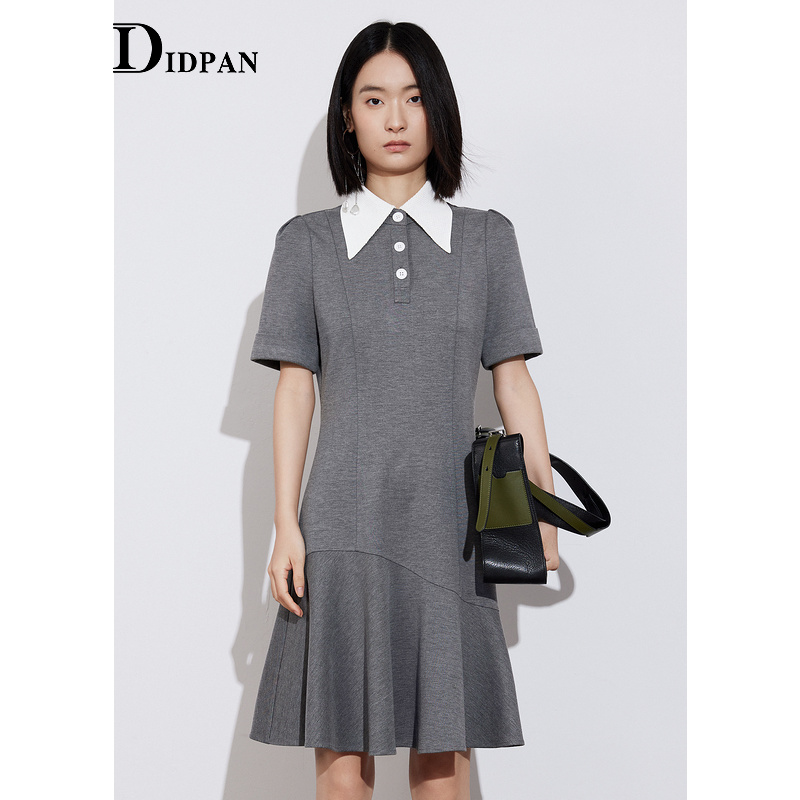 IDPAN女装时尚衬衫领短袖连衣裙