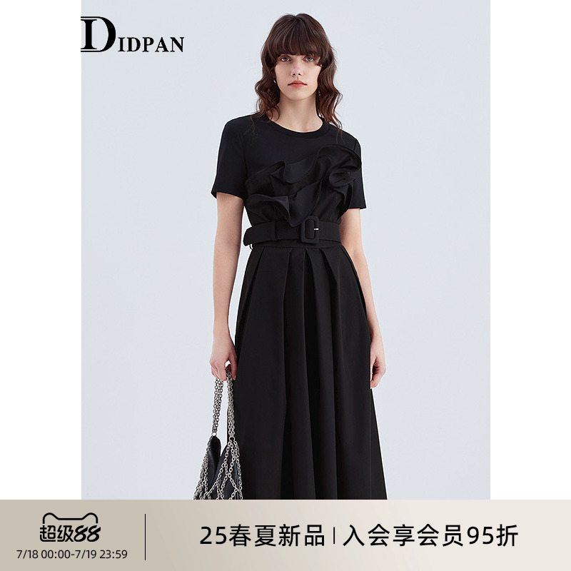 IDPAN短袖连衣裙2025夏季新款时尚百搭高级感圆领荷叶边小黑裙女