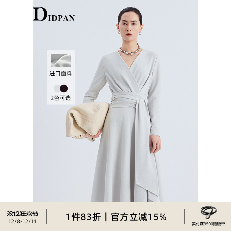 IDPAN长袖连衣裙女2025秋季新款收腰显瘦气质通勤肌理感绑带长裙