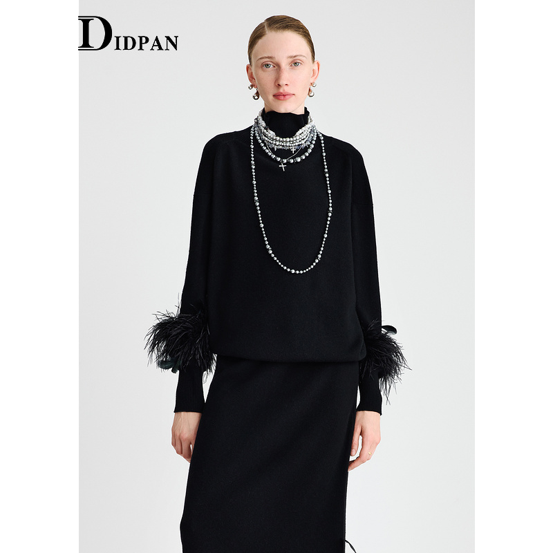 IDPAN高领羊毛衫冬季新款黑色百搭袖口浪漫羽毛设计感针织衫