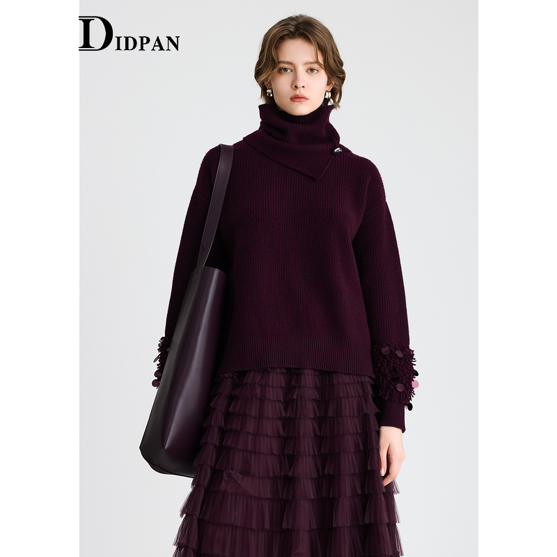 IDPAN纯羊毛针织衫25冬时髦独特流苏设计保暖围脖毛衫女