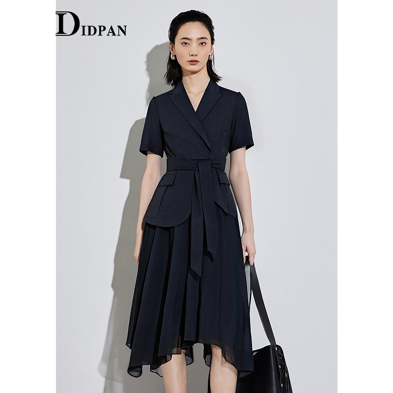 IDPAN女装夏季新款职场通勤高级感气质西装领网纱拼接连衣裙