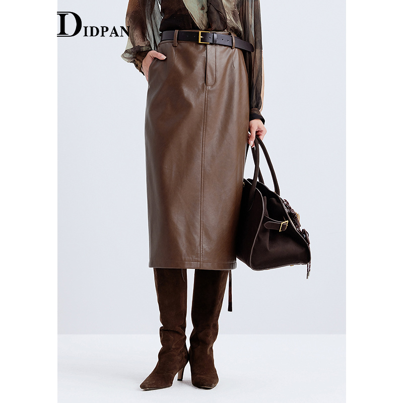 IDPAN美拉德复古通勤PU皮裙高腰直筒包臀半身裙2025秋季新款