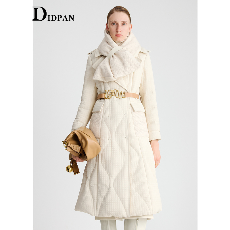 IDPAN长款羽绒服冬季新款时尚通勤肌理方格纹收腰显瘦外套女