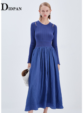 IDPAN肌理感女装新款时髦挖空露肩针织拼接长裙高端精致连衣裙