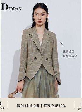 IDPAN女装春秋款修身显瘦英伦格纹极简西装短款外套设计感西服