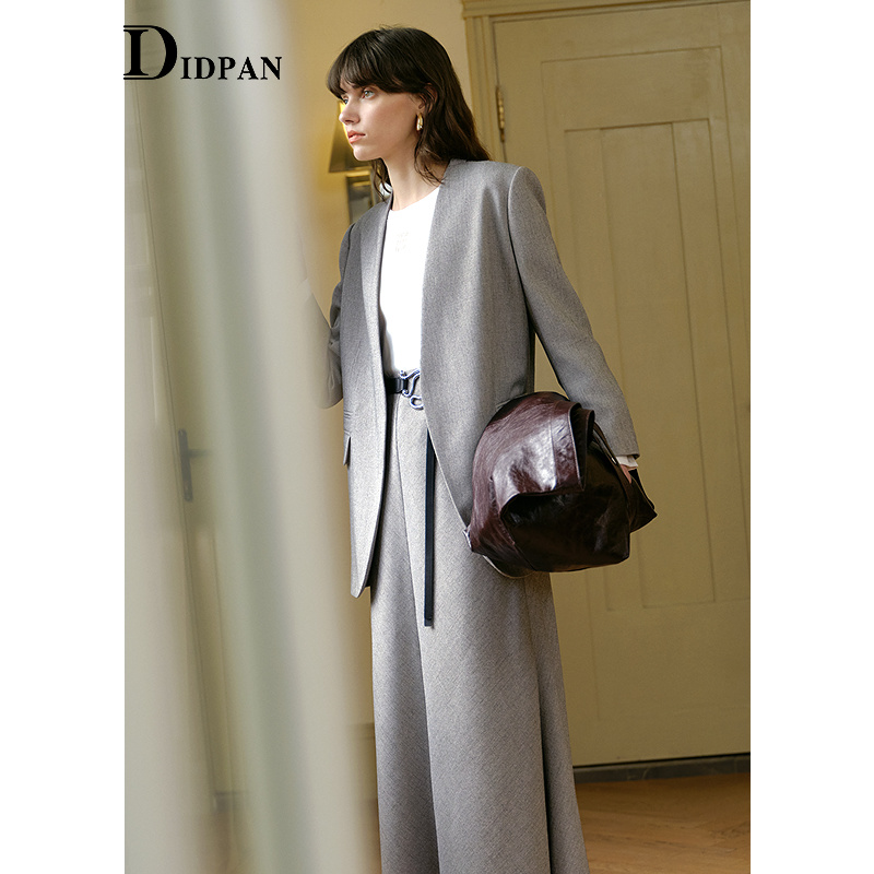 IDPAN半身裙秋季新款简约西装裙商务通勤垂感高级感灰色气质长裙