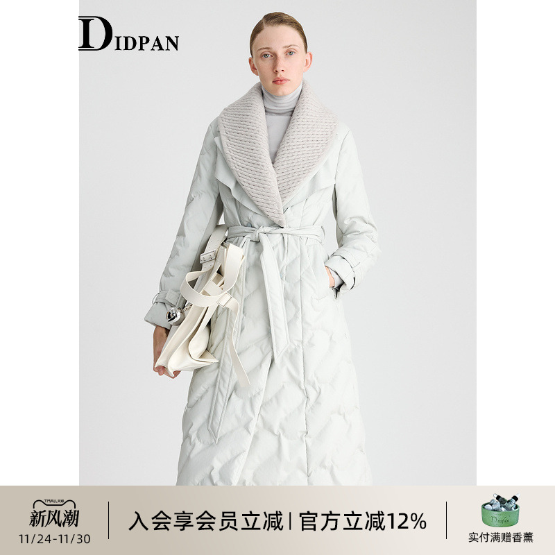 IDPAN长款羽绒服冬季新款双层领设计针织拼接收腰精致外套女