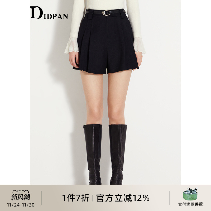 IDPAN毛呢短裤冬季新款时尚百搭气质通勤高腰显瘦黑色裤子女