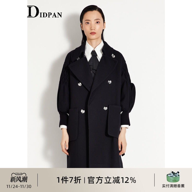 IDPAN黑色大衣冬季新款时尚气质通勤双排扣中长款毛呢外套女