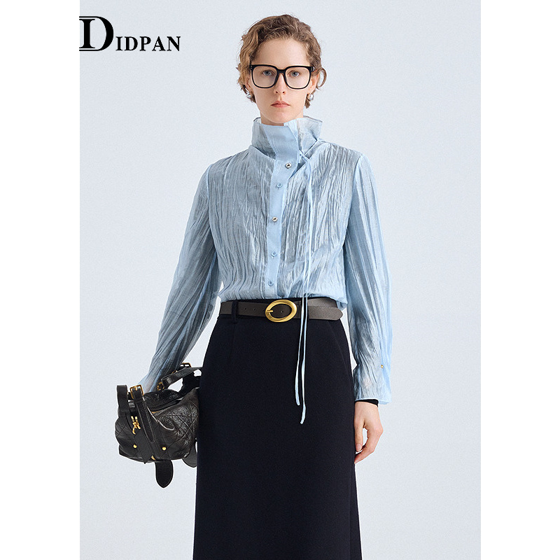 IDPAN朦胧感褶皱衬衫两穿式领型诗意松弛长袖上衣衬衣25冬季新款