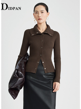 IDPAN女装肌理感针织衫新款时尚个性翻领收腰显瘦长袖毛衫上衣