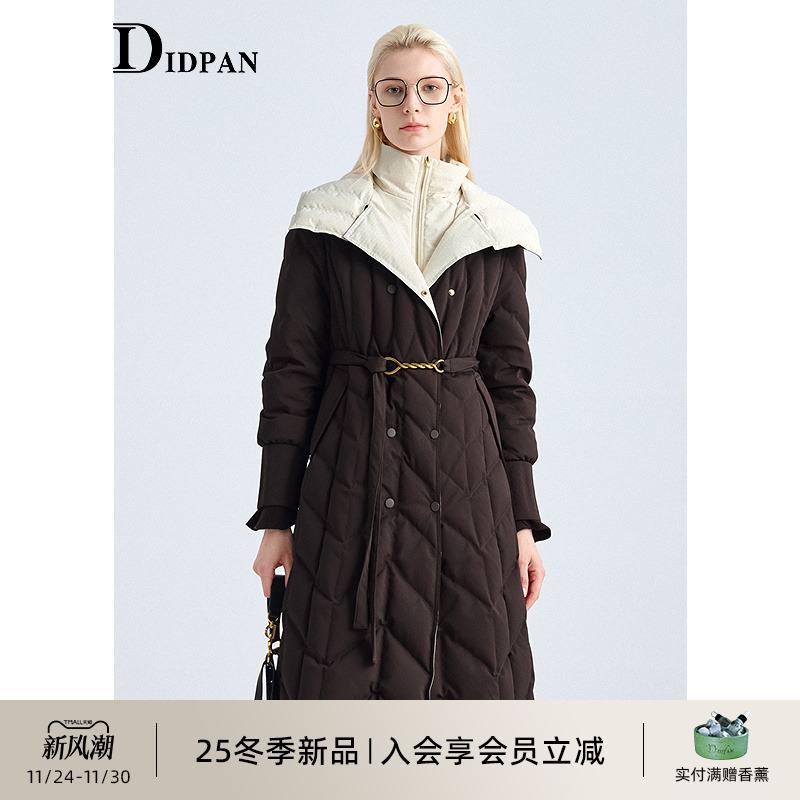 IDPAN复古格调撞色双层领长款羽绒服质感厚实防风外套25冬季新款
