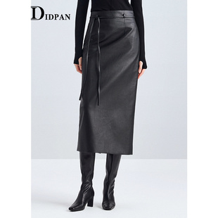 IDPAN黑色半身裙可调节腰绳通勤高腰直筒PU皮裙25年冬季 新款