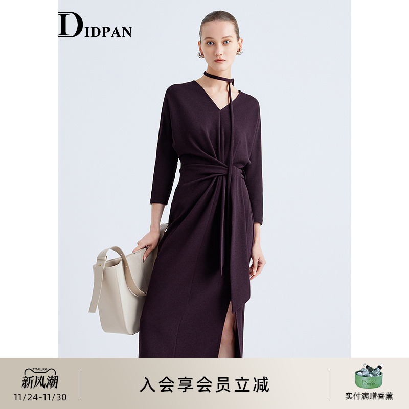 IDPAN气质v领连衣裙2025秋季新款绑脖飘带设计围裹式针织通勤长裙