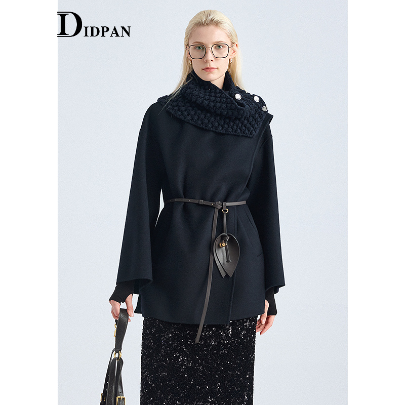 IDPAN蚕丝羊毛双面呢大衣简雅得体围裹式立领毛呢外套25冬季新款