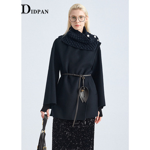 新款 IDPAN蚕丝羊毛双面呢大衣简雅得体围裹式 立领毛呢外套25冬季