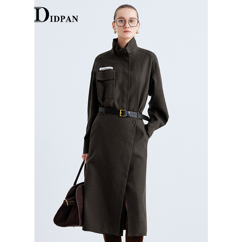 IDPAN羊毛外套式假两件连衣裙长裙个性廓形立领收腰裙子25秋新款