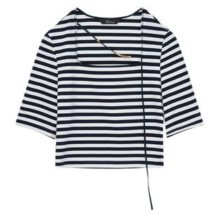 IDPAN女装新款经典黑白条纹复古方领简约航海中袖针织上衣女