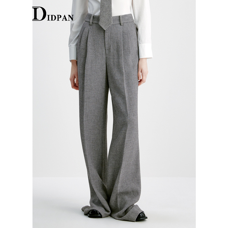 IDPAN阔腿裤秋季新款时尚通勤格雷系灰色宽松直筒羊毛长裤女