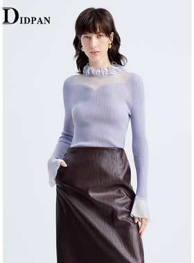 IDPAN花瓣领网纱拼接针织衫修身打底软糯羊毛衫2025秋冬新款毛衣