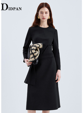 IDPAN长袖连衣裙女春季新款气质简约百搭收腰显瘦设计感裙子