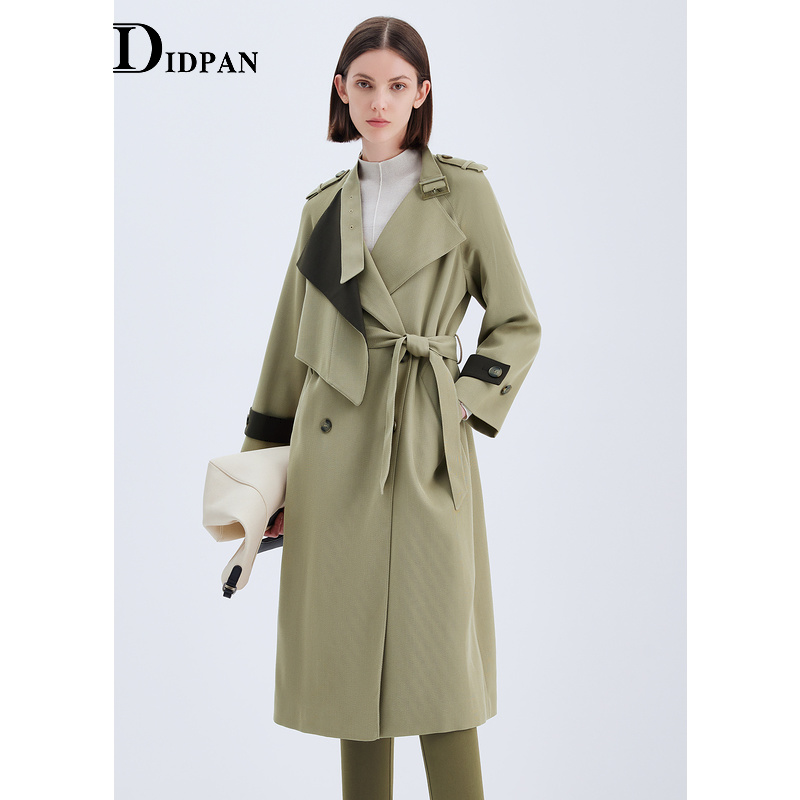 IDPAN通勤撞色中长款羊毛风衣