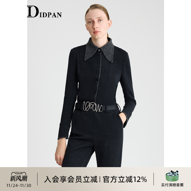 IDPAN羊毛针织衬衫春新款时尚尖角翻领收腰长袖上衣女衬衣