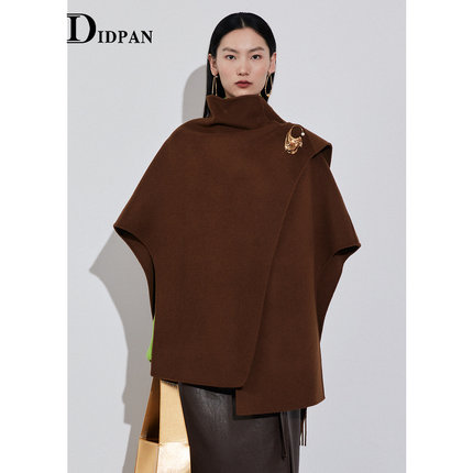 IDPAN女装冬季新款设计感羊毛双面呢料堆叠荡领咖啡中长披肩大衣